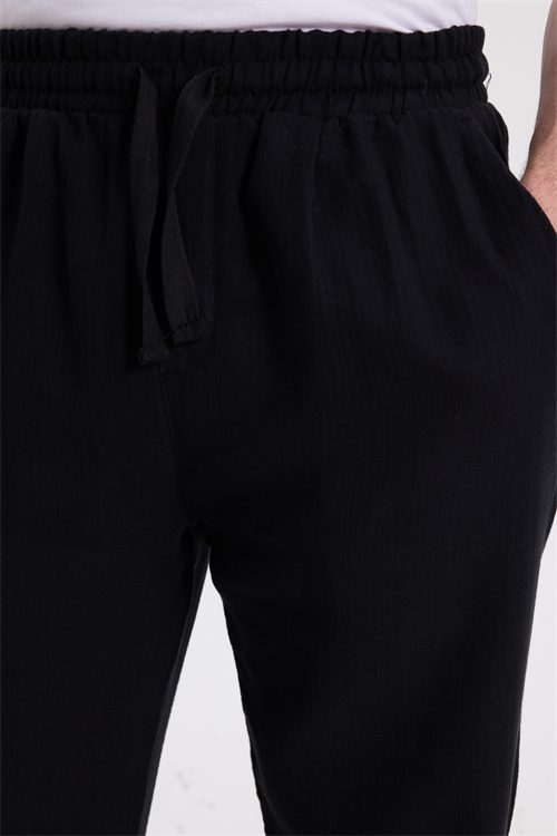 Erkek Baggy Fit Geniş Kesim %100 Pamuk Beli Lastikli Yandan Cepli Müslin Siyah Düz Pantolon
