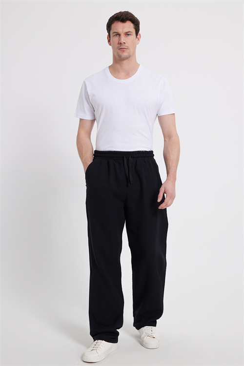 Erkek Baggy Fit Geniş Kesim %100 Pamuk Beli Lastikli Yandan Cepli Müslin Siyah Düz Pantolon