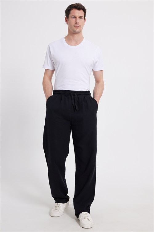 Erkek Baggy Fit Geniş Kesim %100 Pamuk Beli Lastikli Yandan Cepli Müslin Siyah Düz Pantolon