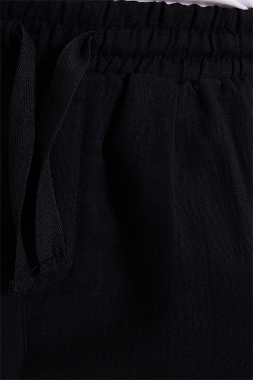 Erkek Baggy Fit Geniş Kesim %100 Pamuk Beli Lastikli Yandan Cepli Müslin Siyah Düz Pantolon