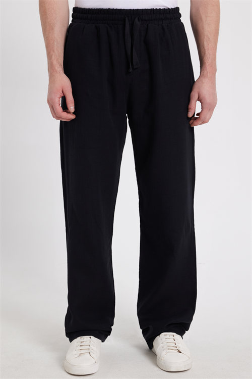 Erkek Baggy Fit Geniş Kesim %100 Pamuk Beli Lastikli Yandan Cepli Müslin Siyah Düz Pantolon
