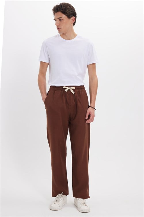 Erkek Baggy Fit Geniş Kesim %100 Pamuk Beli Lastikli Yandan Cepli Müslin Kahverengi Düz Pantolon