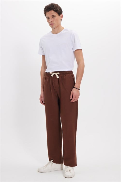 Erkek Baggy Fit Geniş Kesim %100 Pamuk Beli Lastikli Yandan Cepli Müslin Kahverengi Düz Pantolon