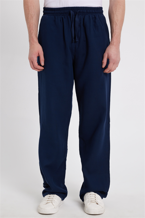 Erkek Baggy Fit Geniş Kesim %100 Pamuk Beli Lastikli Yandan Cepli Müslin Lacivert Düz Pantolon
