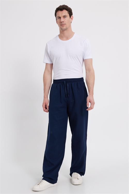 Erkek Baggy Fit Geniş Kesim %100 Pamuk Beli Lastikli Yandan Cepli Müslin Lacivert Düz Pantolon