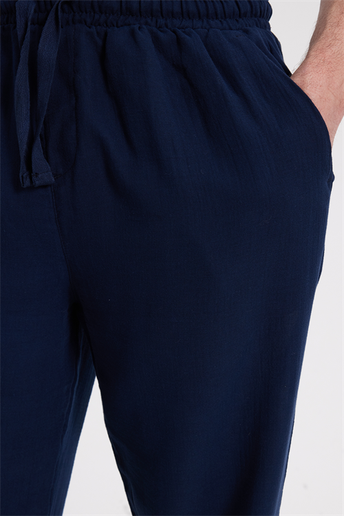 Erkek Baggy Fit Geniş Kesim %100 Pamuk Beli Lastikli Yandan Cepli Müslin Lacivert Düz Pantolon