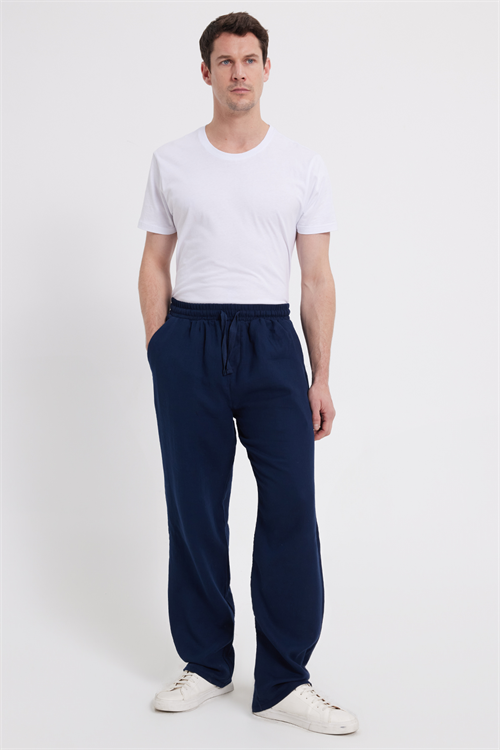 Erkek Baggy Fit Geniş Kesim %100 Pamuk Beli Lastikli Yandan Cepli Müslin Lacivert Düz Pantolon