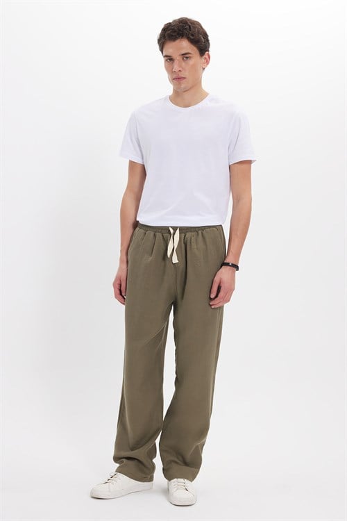 Erkek Baggy Fit Geniş Kesim %100 Pamuk Beli Lastikli Yandan Cepli Müslin Haki Düz Pantolon