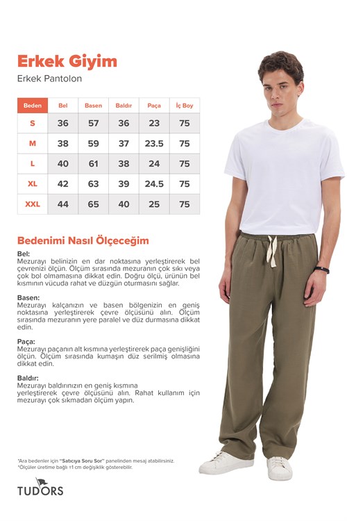 Erkek Baggy Fit Geniş Kesim %100 Pamuk Beli Lastikli Yandan Cepli Müslin Haki Düz Pantolon