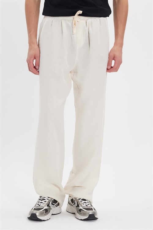 Erkek Baggy Fit Geniş Kesim %100 Pamuk Beli Lastikli Yandan Cepli Müslin Ekru Düz Pantolon