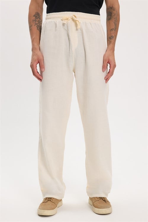 Erkek Baggy Fit Geniş Kesim %100 Pamuk Beli Lastikli Yandan Cepli Müslin Ekru Düz Pantolon