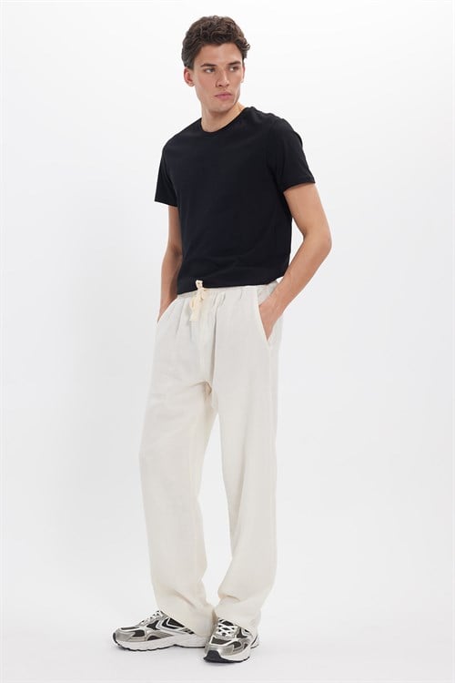 Erkek Baggy Fit Geniş Kesim %100 Pamuk Beli Lastikli Yandan Cepli Müslin Ekru Düz Pantolon