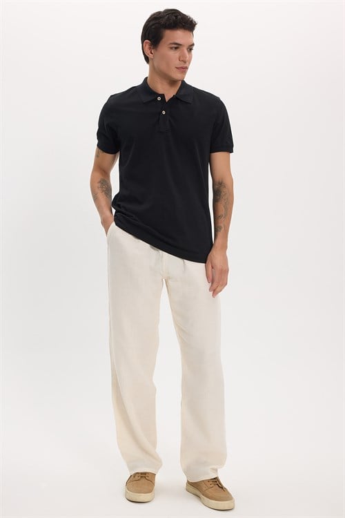Erkek Baggy Fit Geniş Kesim %100 Pamuk Beli Lastikli Yandan Cepli Müslin Ekru Düz Pantolon