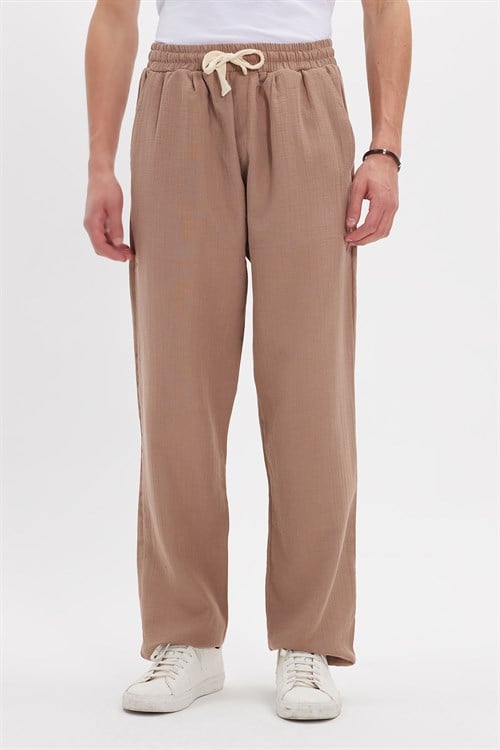 Erkek Baggy Fit Geniş Kesim %100 Pamuk Beli Lastikli Yandan Cepli Müslin Bej Düz Pantolon