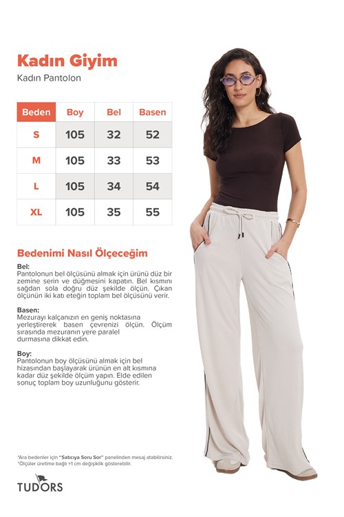 Kadın Relax Fit Rahat Kesim Beli Bağcıklı Lastikli Şerit Detaylı Çift Cepli Bej Pantolon