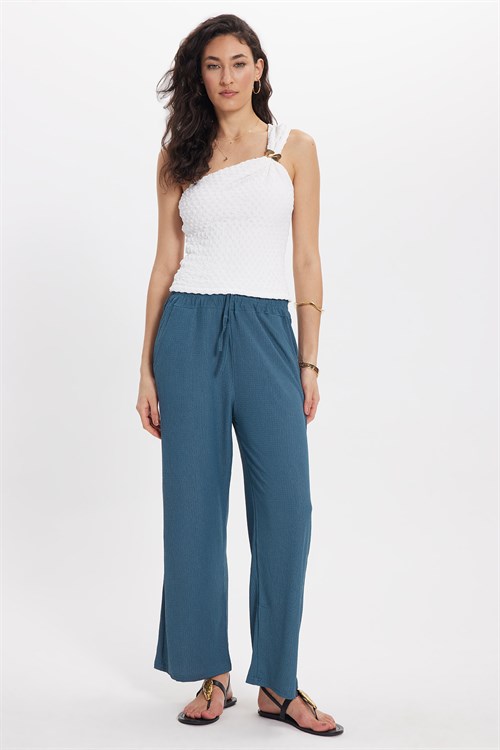 Kadın Regular Fit Klasik Kesim Pamuklu Beli Bağcıklı Desenli Çift Cepli İndigo Pantolon