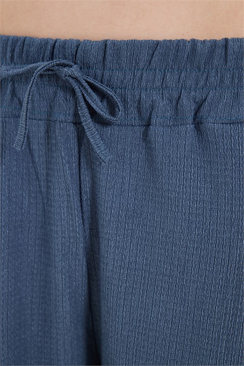 Kadın Regular Fit Klasik Kesim Pamuklu Beli Bağcıklı Desenli Çift Cepli İndigo Pantolon