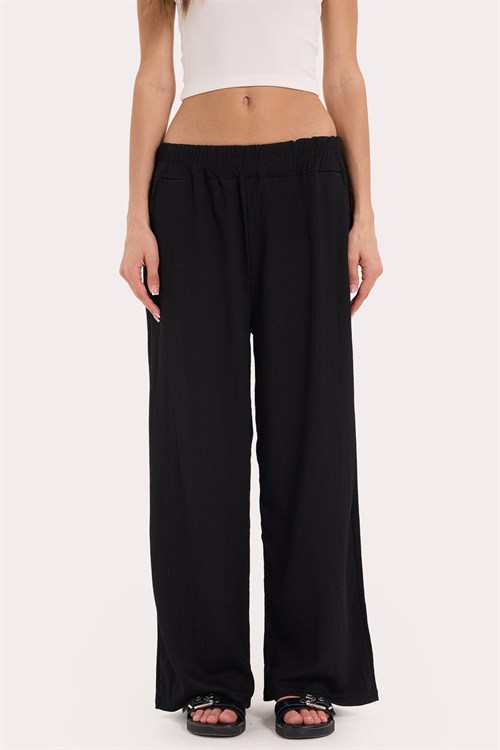 Kadın Regular Fit Klasik Kesim Pamuklu Beli Bağcıklı Desenli Çift Cepli Siyah Pantolon