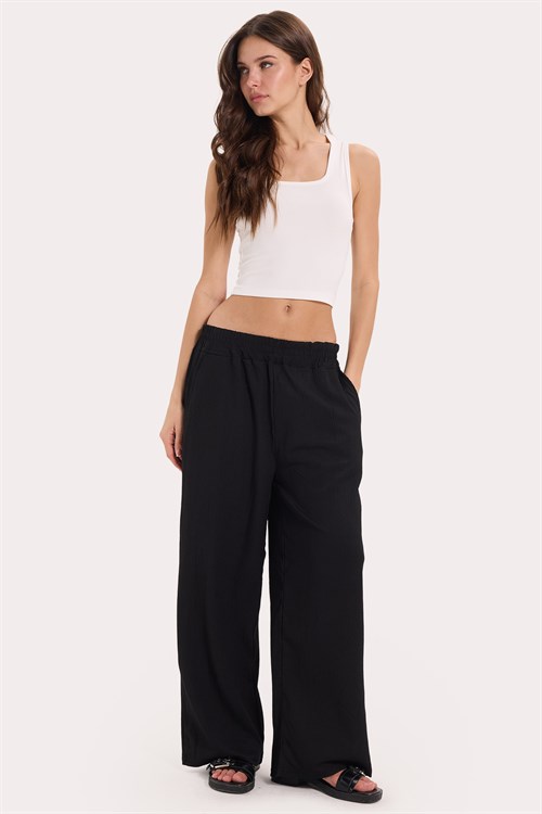 Kadın Regular Fit Klasik Kesim Pamuklu Beli Bağcıklı Desenli Çift Cepli Siyah Pantolon