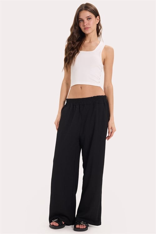 Kadın Regular Fit Klasik Kesim Pamuklu Beli Bağcıklı Desenli Çift Cepli Siyah Pantolon