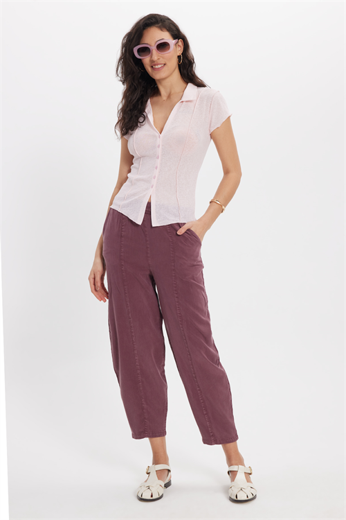 Kadın Relax Fit Rahat Kesim Beli Lastikli Yumuşak Dokulu Çift Cepli Mürdüm Pantolon
