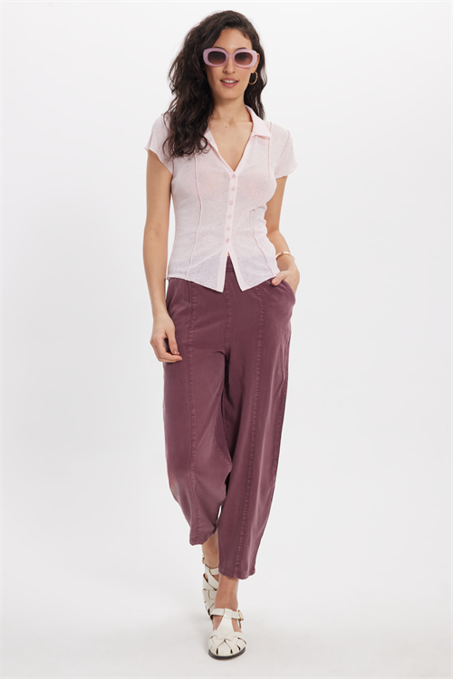 Kadın Relax Fit Rahat Kesim Beli Lastikli Yumuşak Dokulu Çift Cepli Mürdüm Pantolon