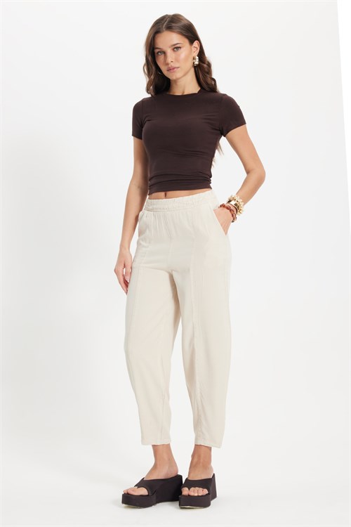 Kadın Relax Fit Rahat Kesim Beli Lastikli Yumuşak Dokulu Çift Cepli Taş Pantolon