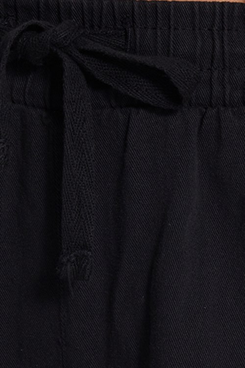 Kadın Relax Fit Rahat Kesim %100 Pamuk Beli Bağcıklı Lastikli Çift Cepli Siyah Pantolon