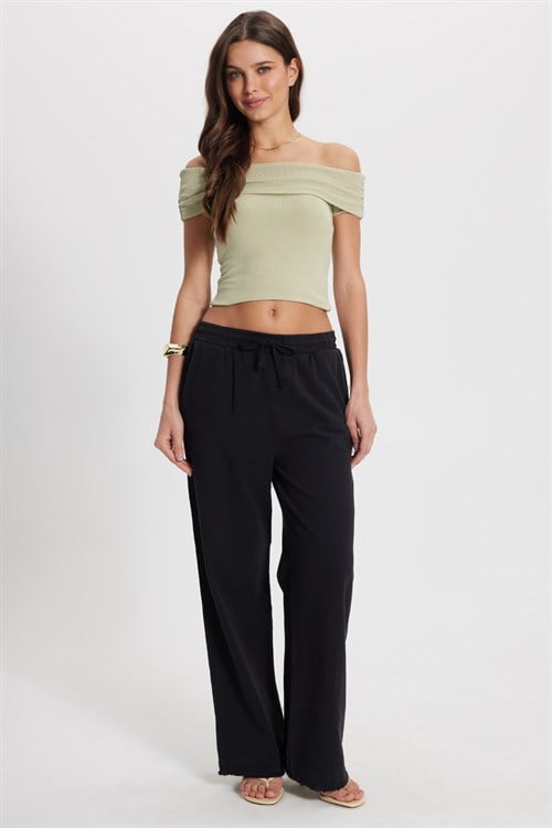 Kadın Relax Fit Rahat Kesim %100 Pamuk Beli Bağcıklı Lastikli Çift Cepli Siyah Pantolon