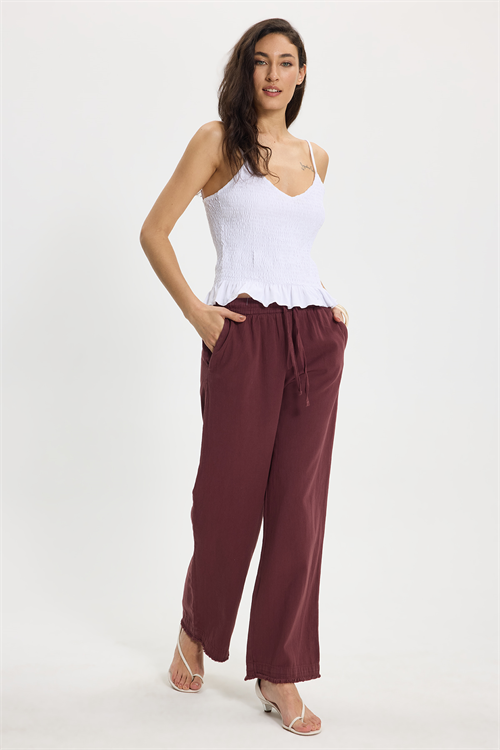 Kadın Relax Fit Rahat Kesim %100 Pamuk Beli Bağcıklı Lastikli Çift Cepli Mürdüm Pantolon