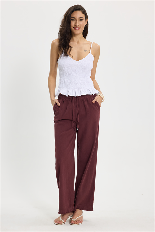 Kadın Relax Fit Rahat Kesim %100 Pamuk Beli Bağcıklı Lastikli Çift Cepli Mürdüm Pantolon