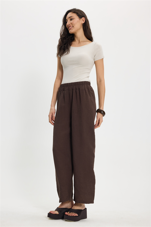 Kadın Relax Fit Rahat Kesim Beli Lastikli Kahverengi Pantolon