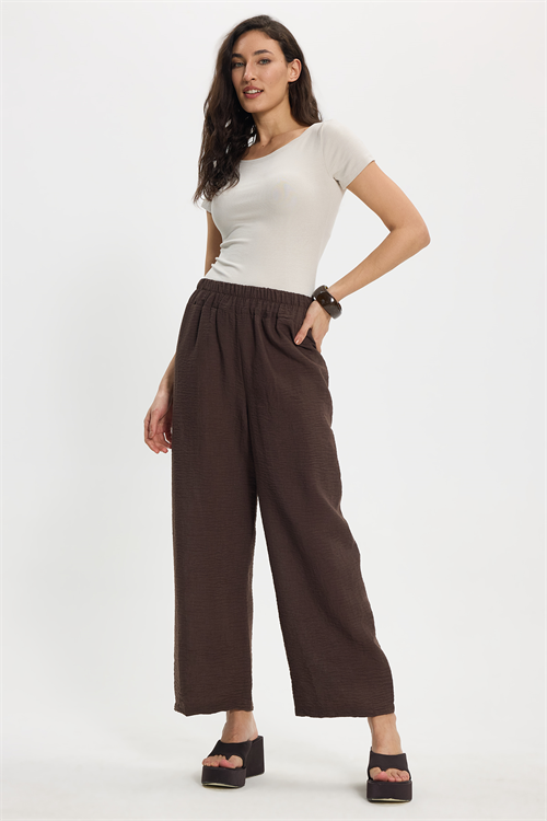 Kadın Relax Fit Rahat Kesim Beli Lastikli Kahverengi Pantolon