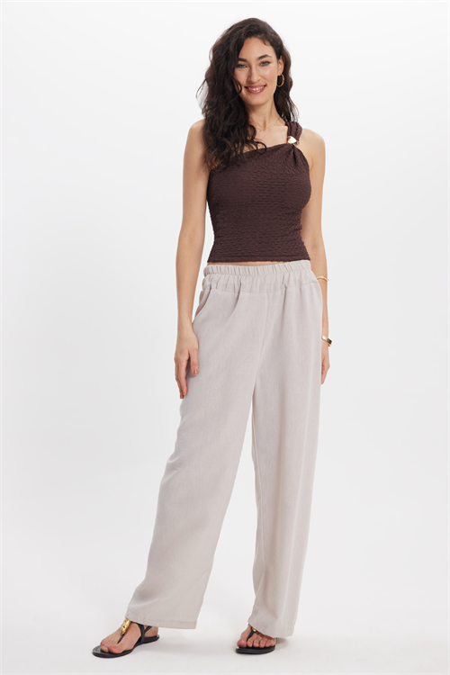 Kadın Relax Fit Rahat Kesim Beli Lastikli Bej Pantolon