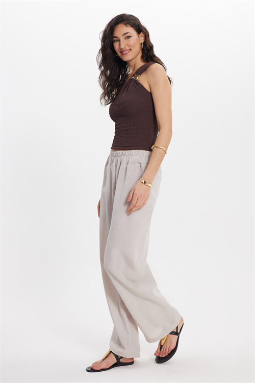 Kadın Relax Fit Rahat Kesim Beli Lastikli Bej Pantolon