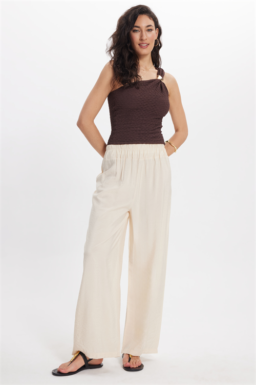 Kadın Relax Fit Rahat Kesim Beli Lastikli Krem Rengi Pantolon