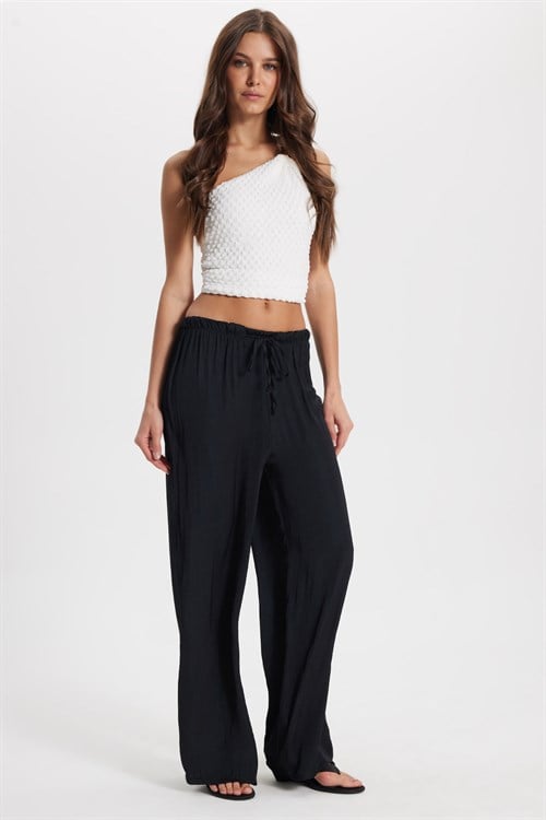 Kadın Relax Fit Rahat Kesim Beli Bağcıklı Lastikli Bol Paça Siyah Pantolon