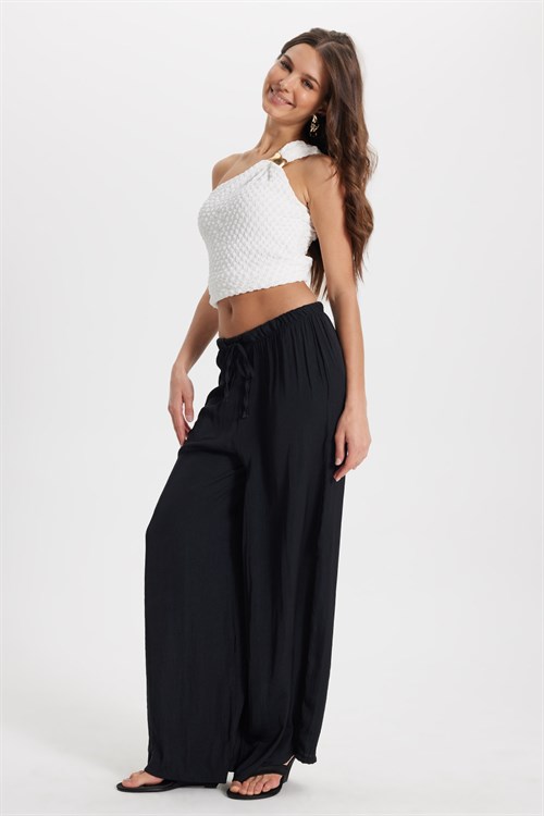 Kadın Relax Fit Rahat Kesim Beli Bağcıklı Lastikli Bol Paça Siyah Pantolon