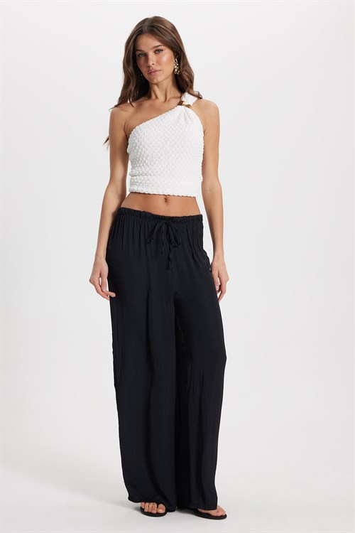 Kadın Relax Fit Rahat Kesim Beli Bağcıklı Lastikli Bol Paça Siyah Pantolon