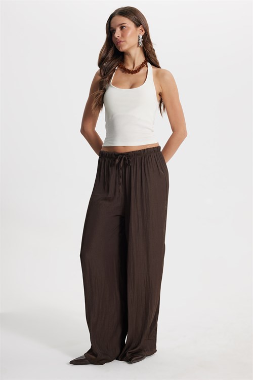 Kadın Relax Fit Rahat Kesim Beli Bağcıklı Lastikli Bol Paça Kahverengi Pantolon