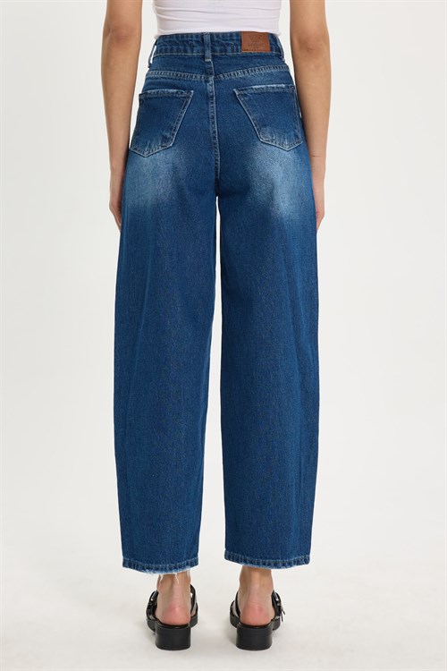 Kadın Relax Fit Rahat Kesim %100 Pamuk Cepli Geniş Paça Lacivert Jean Kot Pantolon