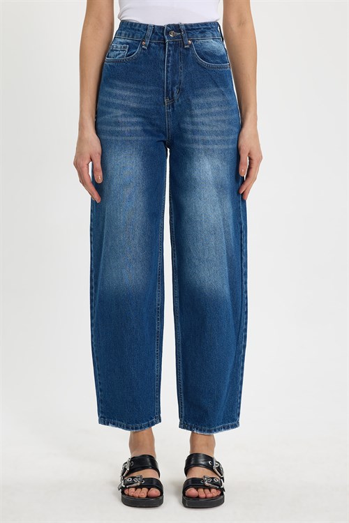 Kadın Relax Fit Rahat Kesim %100 Pamuk Cepli Geniş Paça Lacivert Jean Kot Pantolon
