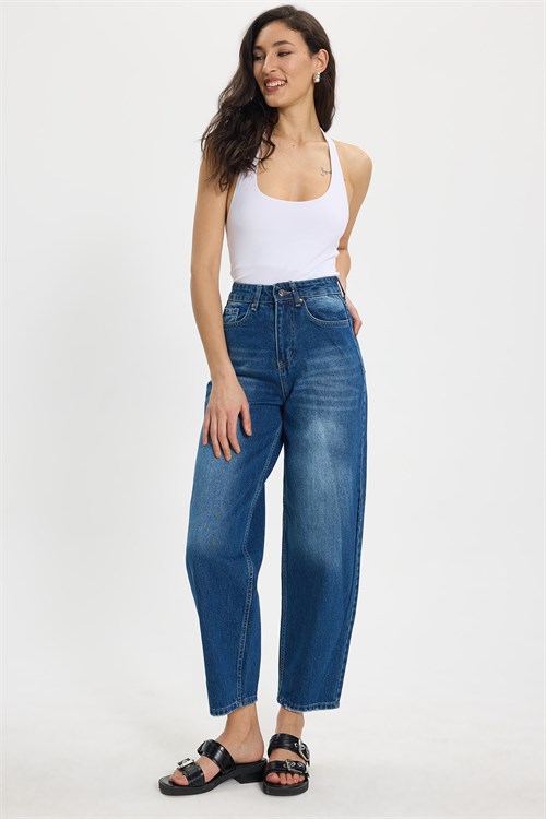 Kadın Relax Fit Rahat Kesim %100 Pamuk Cepli Geniş Paça Lacivert Jean Kot Pantolon