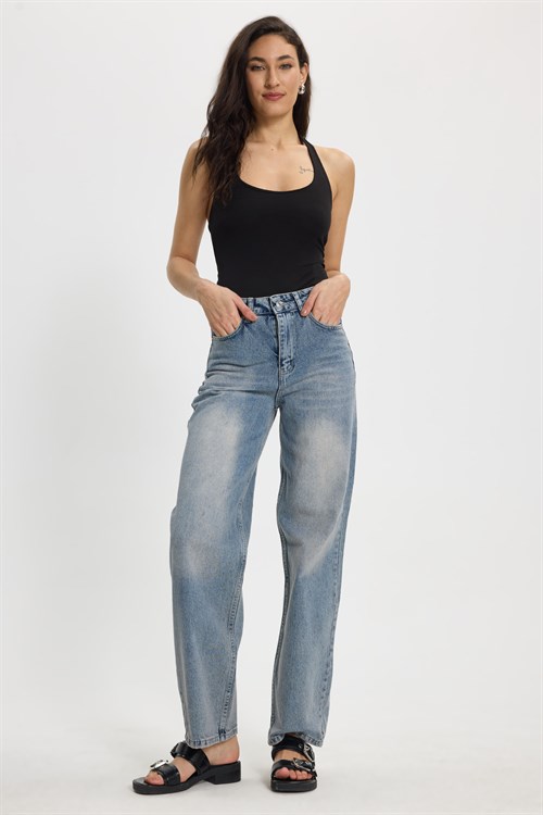 Kadın Relax Fit Rahat Kesim %100 Pamuk Cepli Geniş Paça Mavi Jean Kot Pantolon