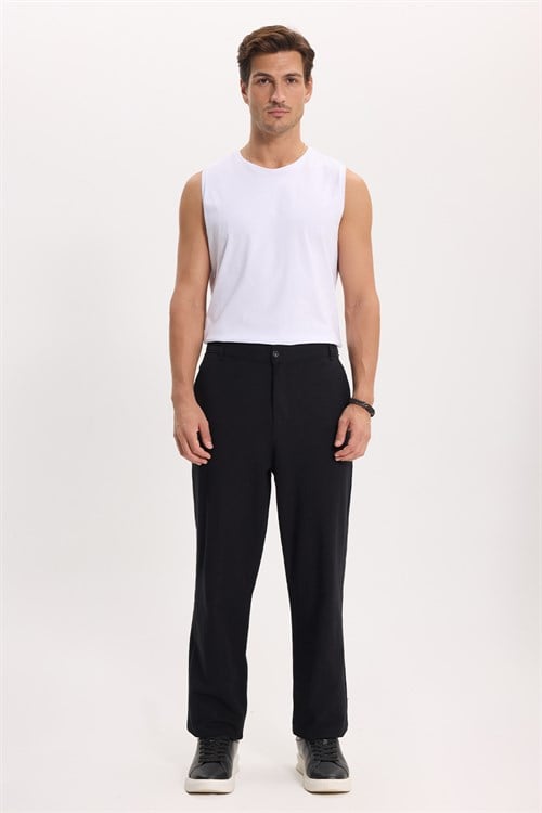 Erkek Relax Fit Rahat Kesim %100 Pamuk Geniş Paça Keten Kumaş Çift Cepli Siyah Pantolon