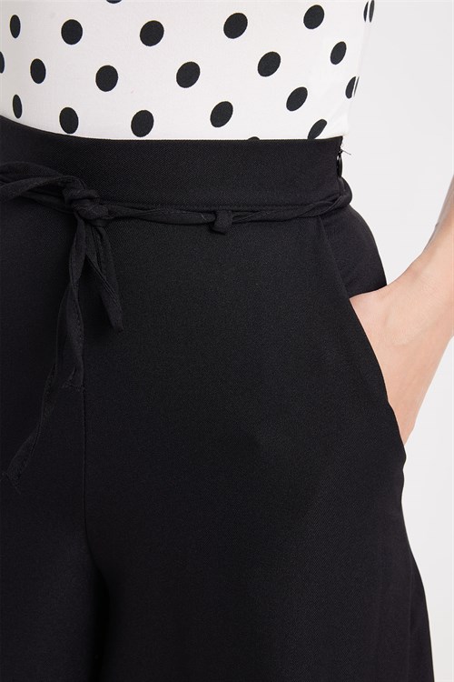 Kadın Relax Fit Rahat Kesim Pamuklu Beli Bağcıklı Siyah Palazzo Etek Pantolon