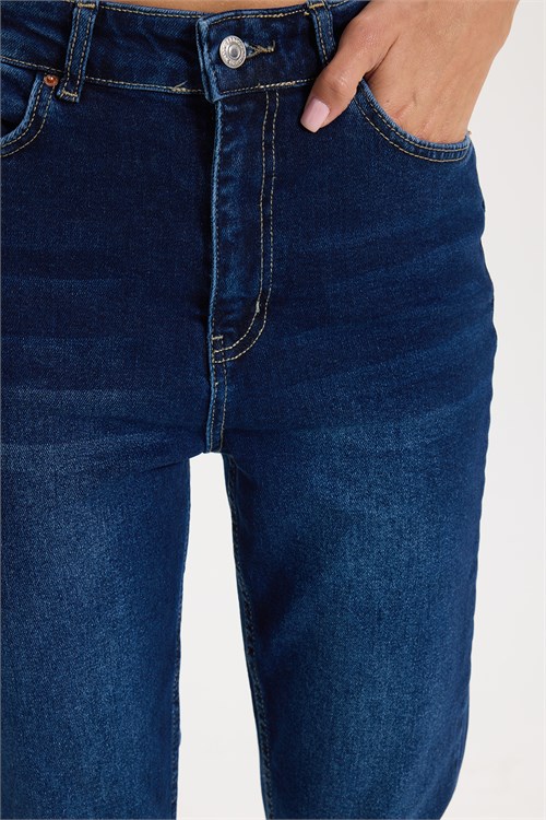 Kadın Yüksek Bel Likralı Yıkamalı Skinny Bilek Boy Lacivert Jean Kot Pantolon