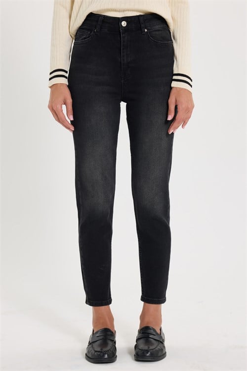 Kadın Yüksek Bel Likralı Yıkamalı Skinny Bilek Boy Füme Jean Kot Pantolon