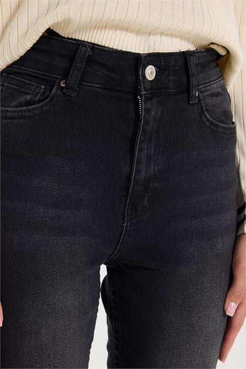 Kadın Yüksek Bel Likralı Yıkamalı Skinny Bilek Boy Füme Jean Kot Pantolon