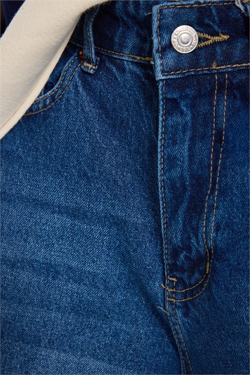 Kadın Relax Fit Rahat Kesim Pamuklu Yüksek Bel Geniş Paçalı Baggy Lacivert Kot Pantolon